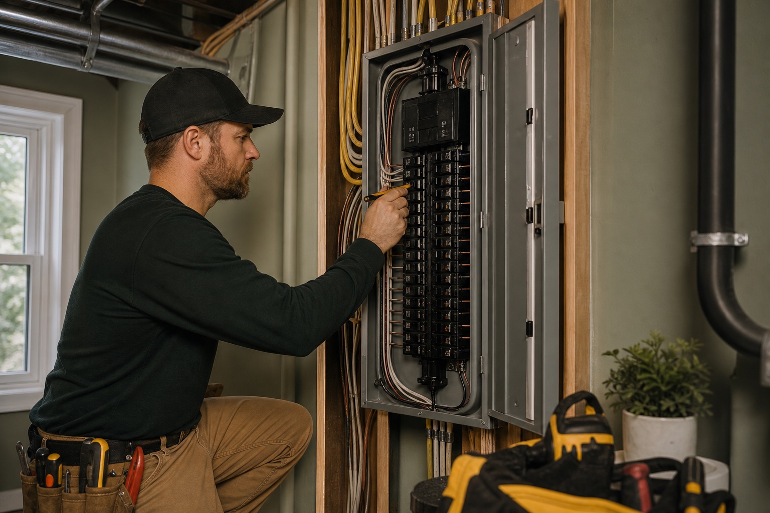 Electrician organizing a residential electrical panel upgrade